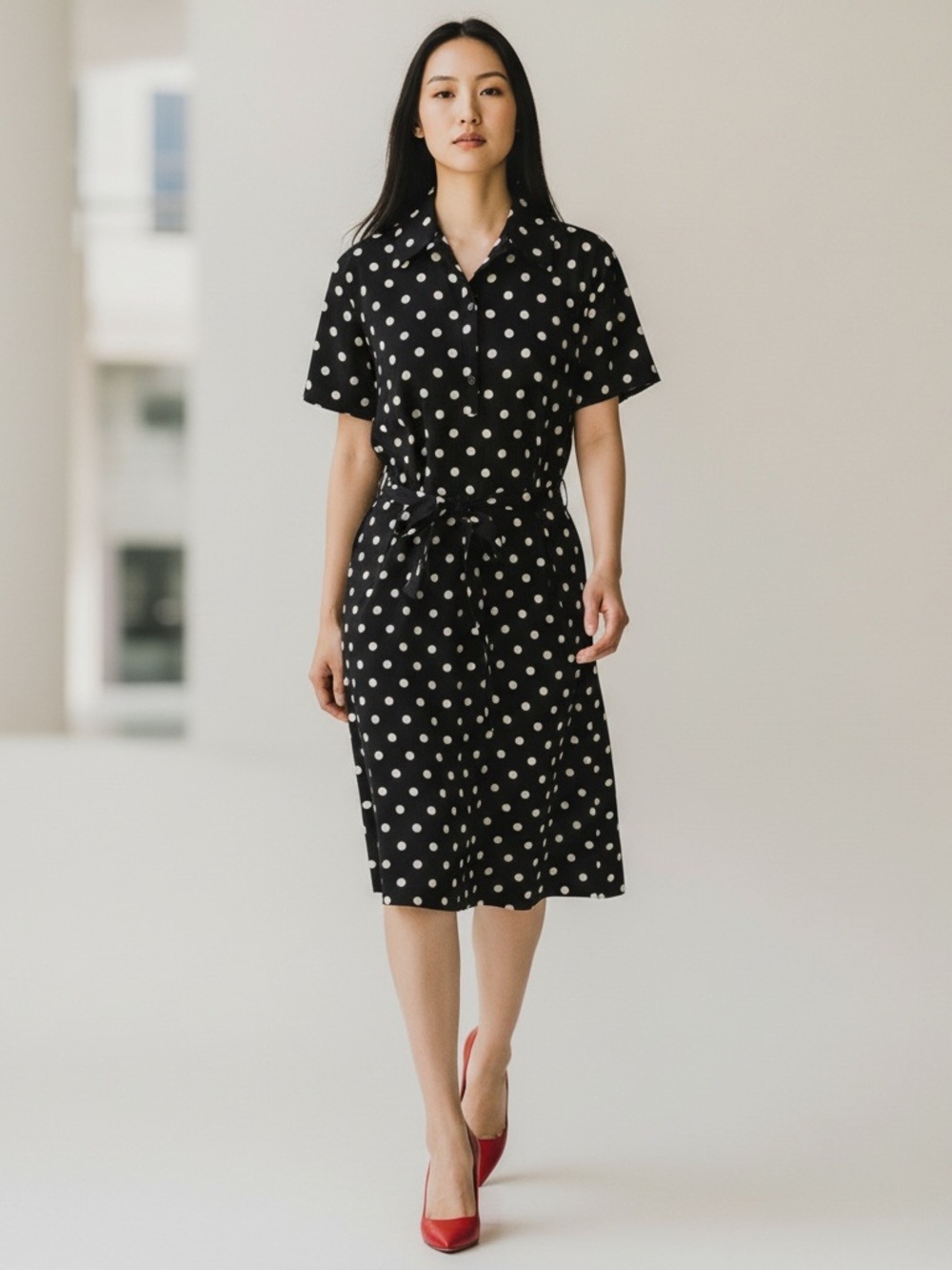Ann Taylor Black White Polka Dot Shirtdress Midi Size L Scallop Hem Belted Work